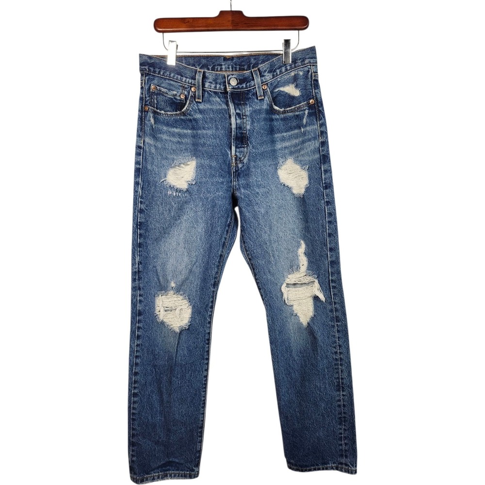 Levi's 501 Original Fit Jeans Women W29 L30 Blue High-Rise Distressed Button Fly